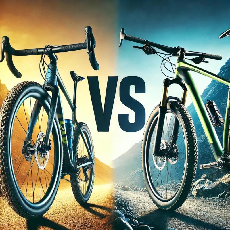 Immagine di una gravel bike e una mountain bike che si sfidano con un VS al centro