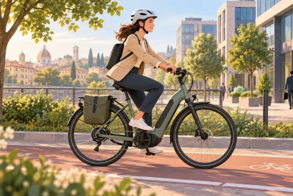 Illustrazione di una pendolare che va al lavoro su una bici elettrica da città lungo una pista ciclabile