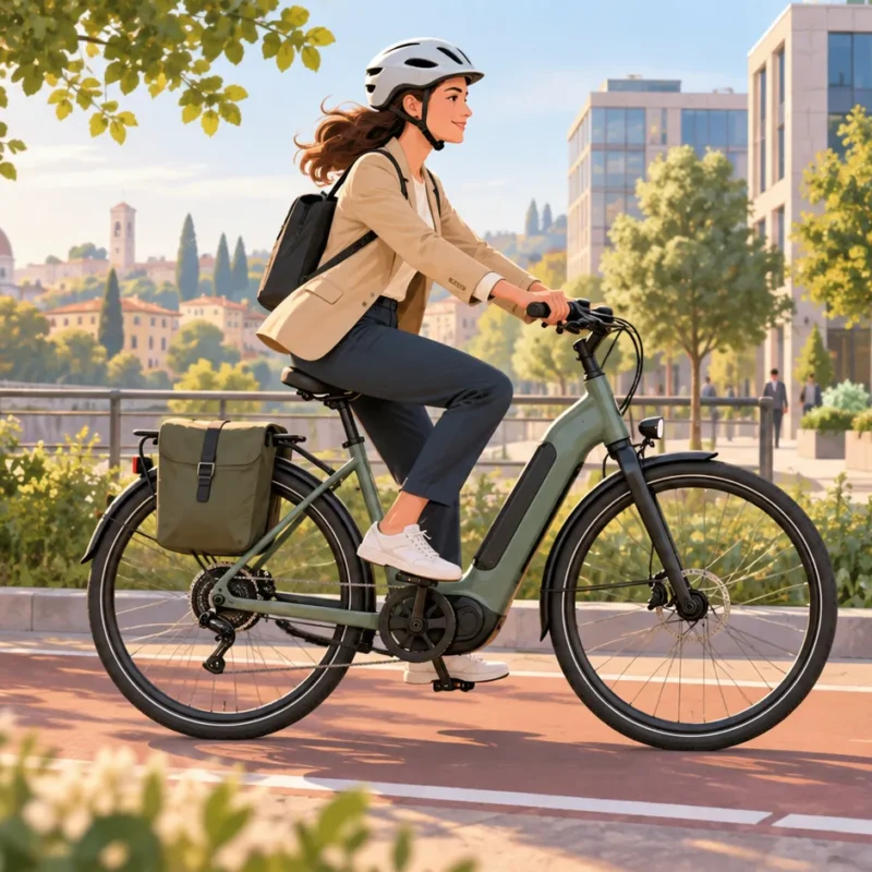 Illustrazione di una pendolare che va al lavoro su una bici elettrica da città lungo una pista ciclabile