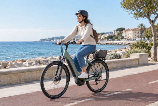 Persona in città su una bici elettrica con telaio basso