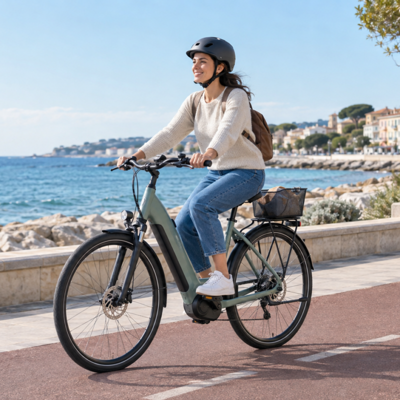 Persona in città su una bici elettrica con telaio basso
