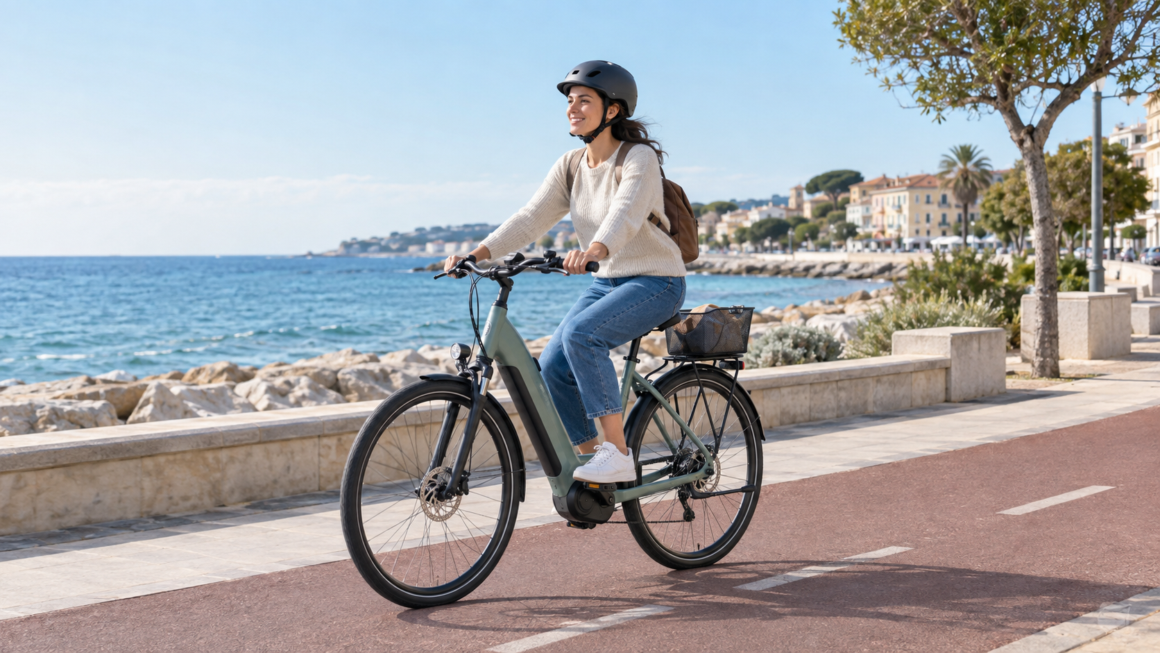 Persona in città su una bici elettrica con telaio basso