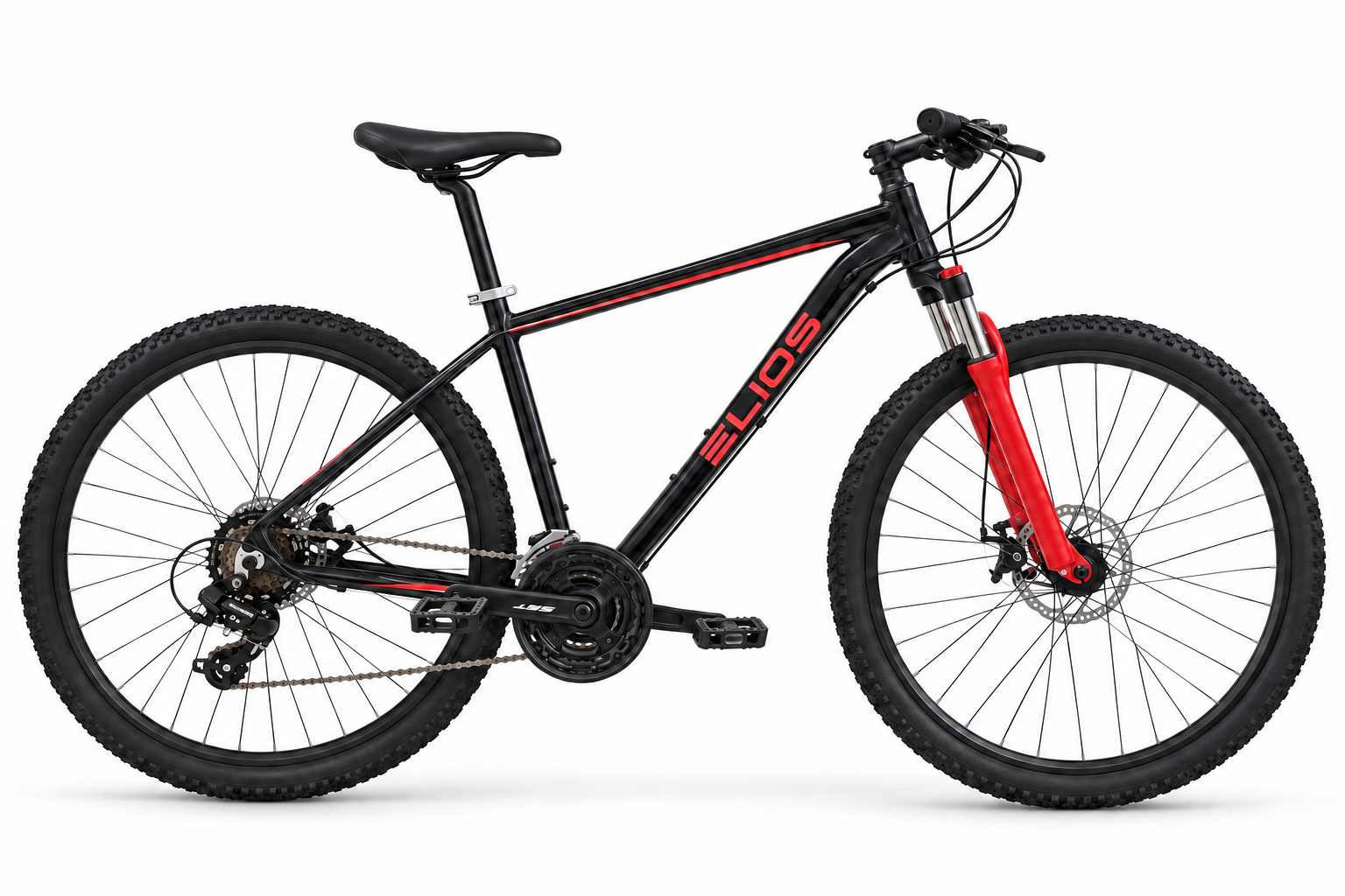 Mountain bike Elios 29 pollici nero e rosso con forcella ammortizzata e freni a disco