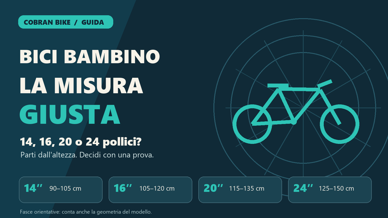 Bici bambino: guida visiva alle misure 14, 16, 20 e 24 pollici