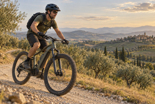 Illustrazione di un ciclista su e-MTB lungo uno sterrato collinare