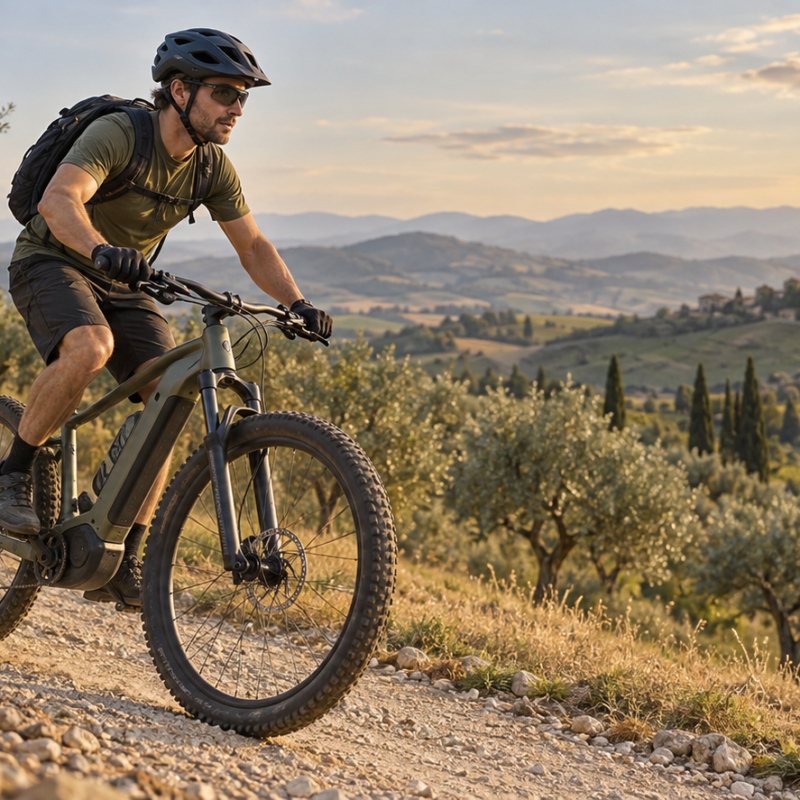 Illustrazione di un ciclista su e-MTB lungo uno sterrato collinare